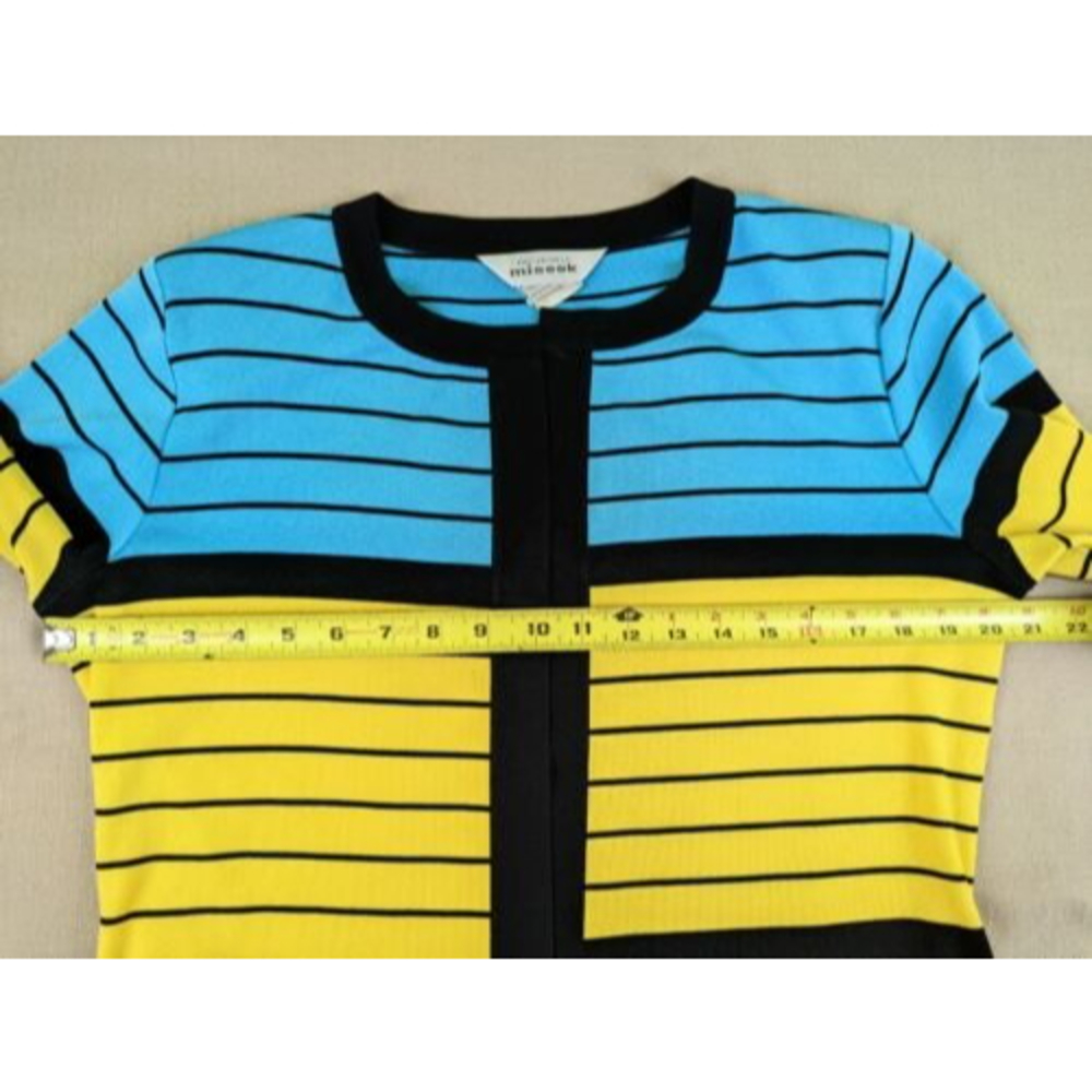 Exclusively Misook Womens M Blue Yellow Striped Acrylic Open Cardigan Sweater - Picture 10 of 12